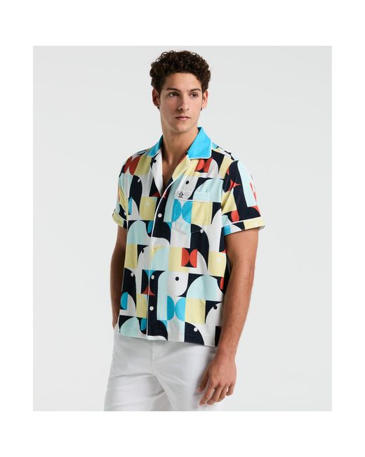 Original Penguin Allover Deco Print Short Sleeve Shirt In Horizon Blue for men