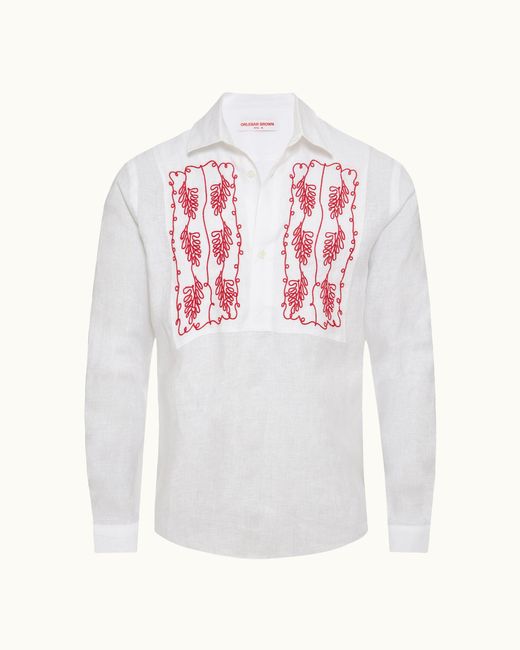 Orlebar Brown White Relaxed Fit Open Placket Shirt With Bib Embroidery for men