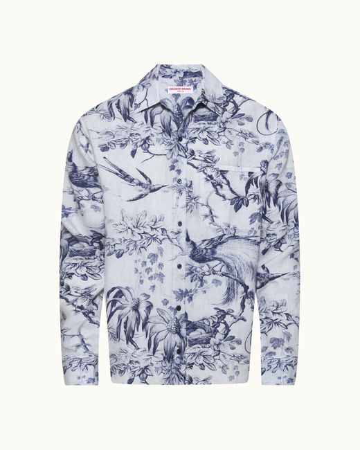 Orlebar Brown Blue Printed Linen Long Sleeve Shirt for men