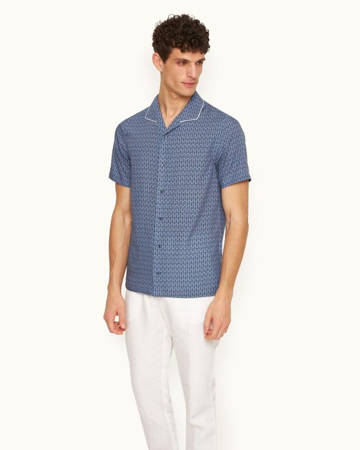 Orlebar Brown Blue Perez Print Classic Fit Capri Collar Shirt Woven for men
