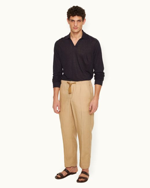 Orlebar Brown Natural Relaxed Fit Italian Linen Drawcord Zip Fly Trousers for men