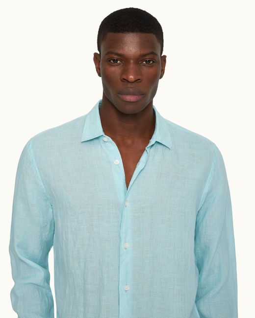 Orlebar Brown Blue Tailored Fit Classic Collar Linen Shirt Woven for men