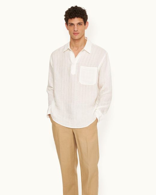 Orlebar Brown White Linen Tonal Stripe Relaxed Fit Overhead Shirt Woven for men