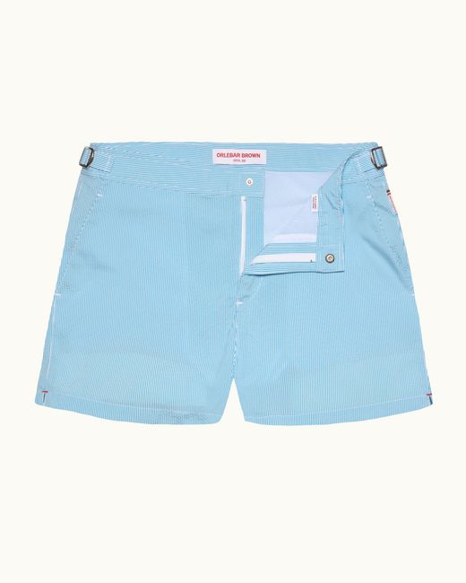 Orlebar Brown Blue Shorter-Length Seersucker Stripe Swim Shorts for men