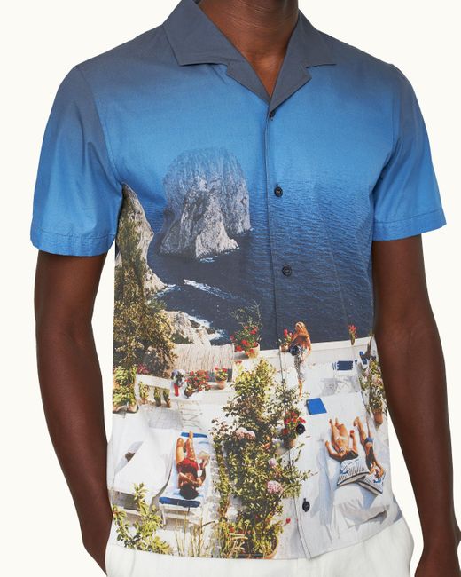 Orlebar Brown Blue Photographic Print Classic Fit Capri Collar Cotton Shirt for men