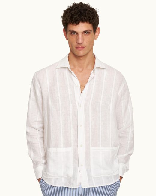 Orlebar Brown White Tonal Waffle Stripe Linen Resort Overshirt Woven for men