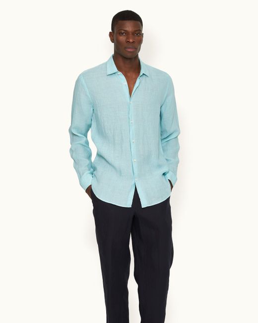 Orlebar Brown Blue Tailored Fit Classic Collar Linen Shirt Woven for men