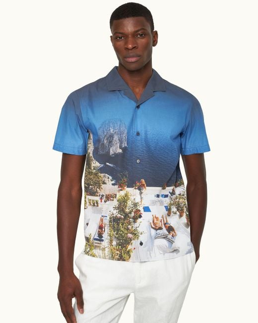 Orlebar Brown Blue Photographic Print Classic Fit Capri Collar Cotton Shirt for men