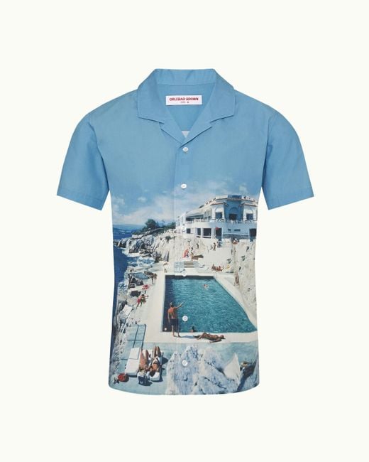 Orlebar Brown Blue Roc Pool Photographic Print Classic Fit Capri Collar Cotton Shirt for men