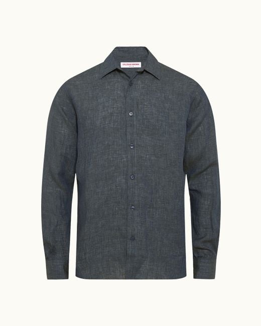Orlebar Brown Blue Stitched Linen Shirt Textured Summer Classic for men