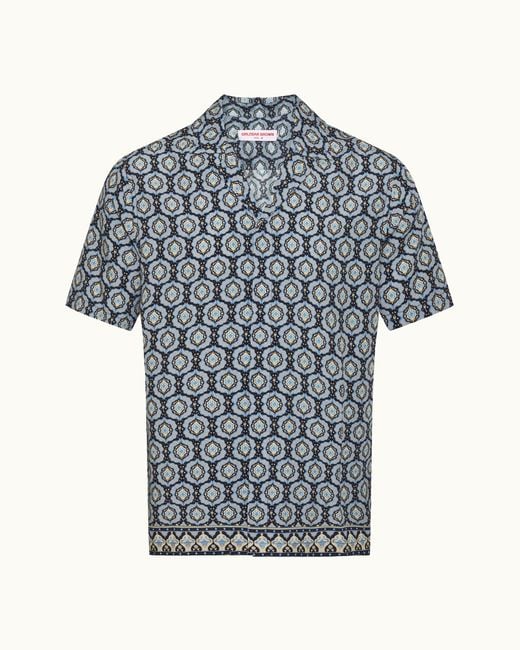 Orlebar Brown Blue Dark Luxury Printed Silk Shirt for men