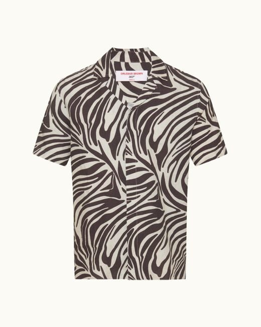 Orlebar Brown White Relaxed Fit Capri Collar Zebra Print Linen Shirt for men