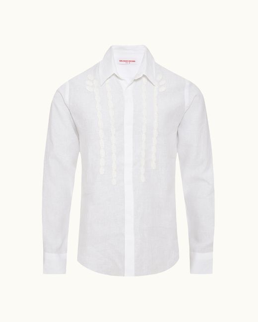 Orlebar Brown White Tailored Fit Linen Shirt With Leaf Applique for men