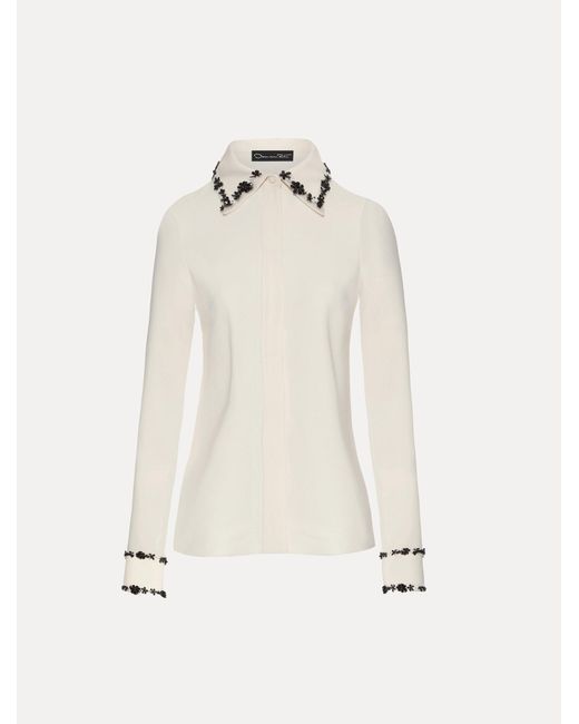 Oscar de la Renta White Sequin Floret Embroidered Blouse