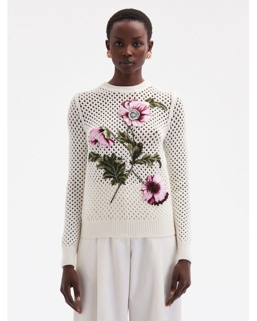 Oscar de la Renta White Poppy Embroidered Crochet Pullover