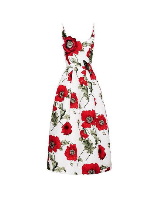 Oscar de la Renta White Poppy Embroidered Scoop Neck Dress