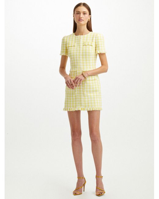 Oscar de la Renta Gingham Tweed Fringe Mini Dress in Banana/White (White) | Lyst