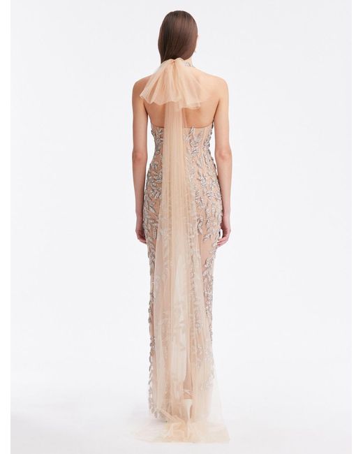 Oscar de la Renta White Crystal Leaves Embroidered Column Gown