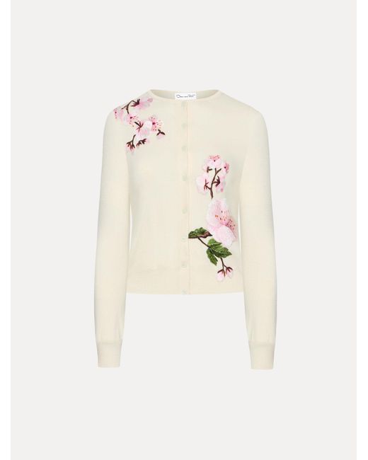 Oscar de la Renta Natural Cherry Blossom Threadwork Cardigan