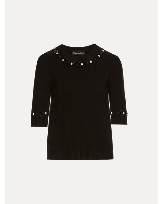 Oscar de la Renta Black Sequin Floret Trim Pullover