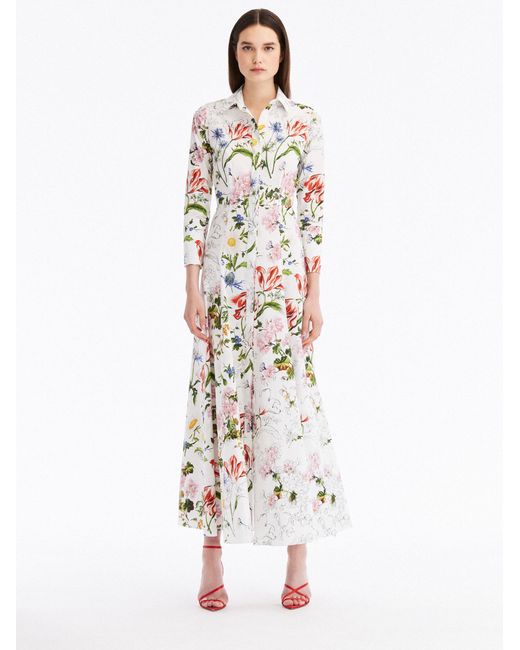 Oscar de la Renta 3/4 Sleeve Sketched Floral Dress in White