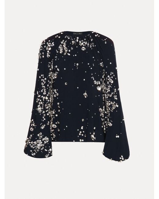 Oscar de la Renta Blue Crystal Cluster Embroidered Blouse