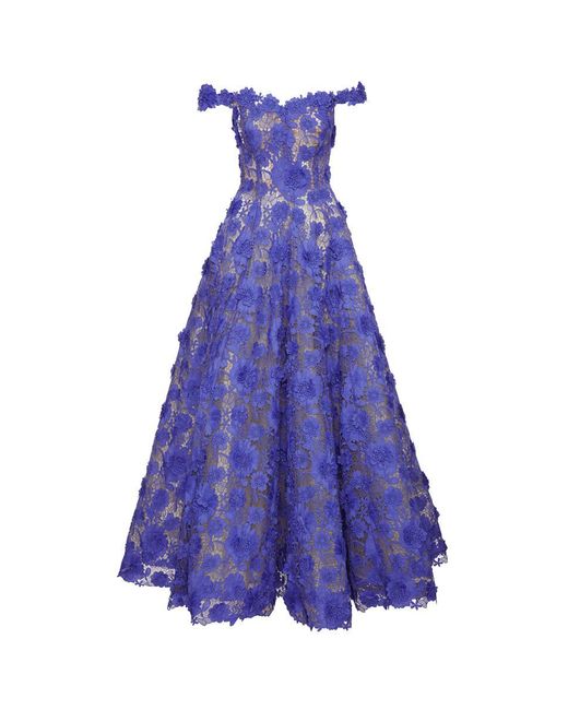 Oscar de la Renta Purple Off Shoulder Floral Guipure Gown