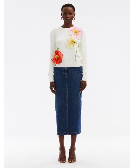 Oscar de la Renta Blue Painted Poppies Embroidered Pullover