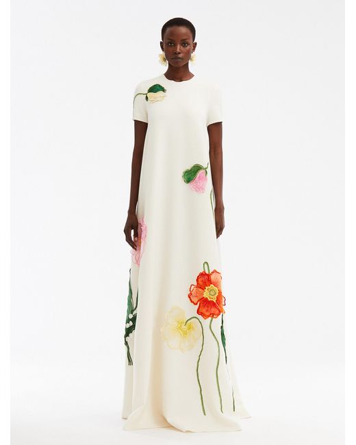 Oscar de la Renta White Painted Poppies Embroidered Gown