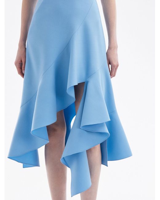 Oscar de la Renta Blue Asymmetrical Hem Wool Dress