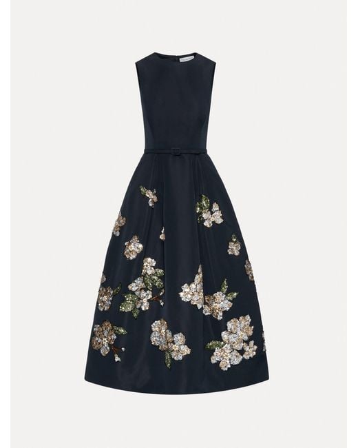 Oscar de la Renta Blue Floral Sequin Embroidered Faille Dress