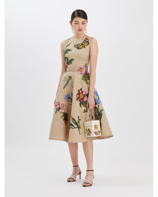 Oscar de la Renta Natural Linen Midi Dress With Floral Applique