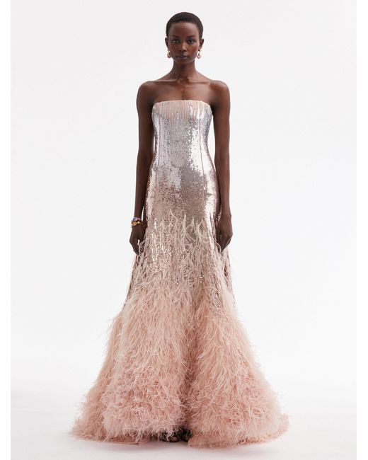 Oscar de la Renta Pink Sequin & Feather Embroidered Gown