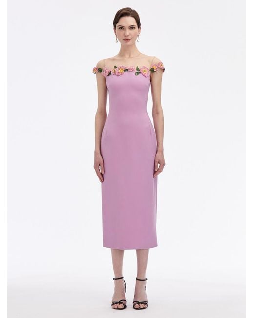 Oscar de la Renta Pink Poppies Illusion Neck Pencil Dress