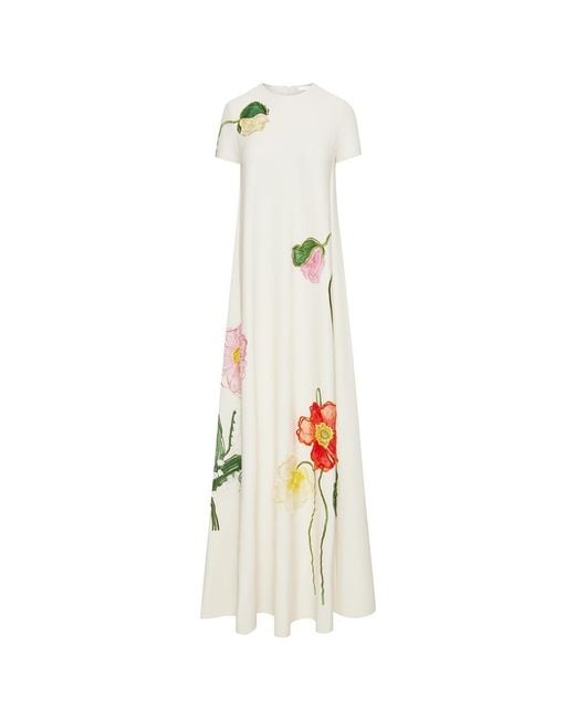 Oscar de la Renta White Painted Poppies Embroidered Gown