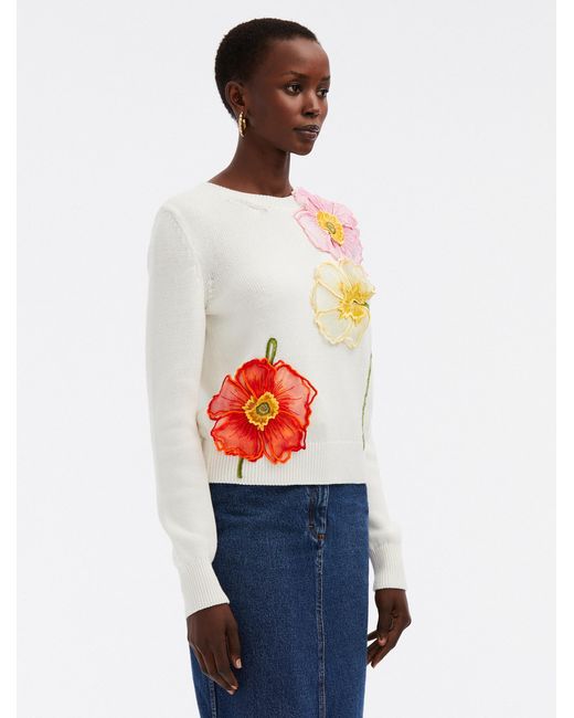 Oscar de la Renta Blue Painted Poppies Embroidered Pullover