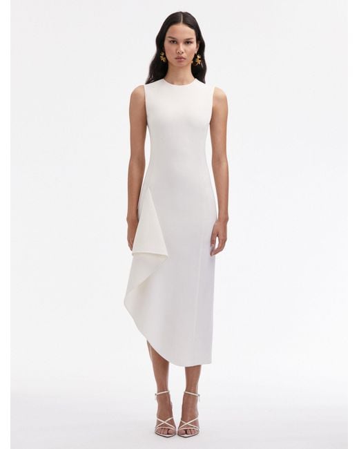 Oscar de la Renta White Draped Asymmetrical Wool Dress
