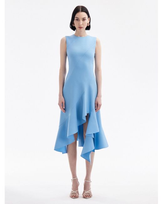Oscar de la Renta Blue Asymmetrical Hem Wool Dress