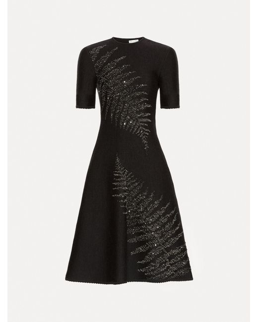 Oscar de la Renta Black Fern Embroidered Knit Dress