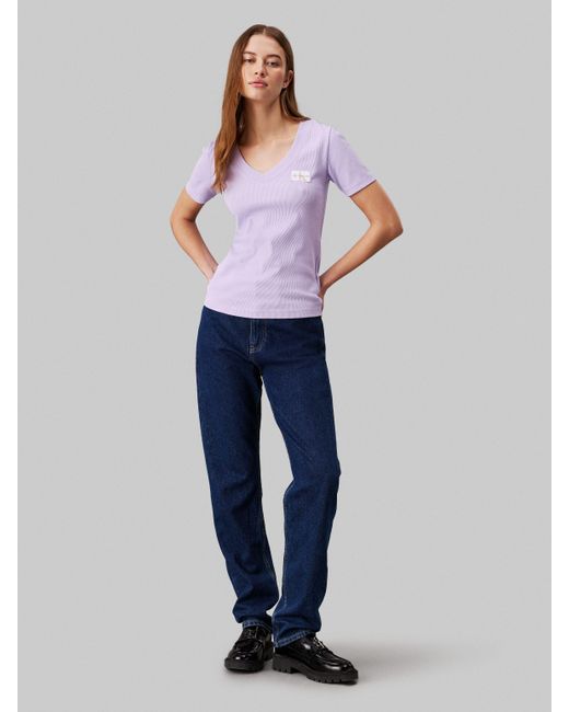 Calvin Klein Gray T-Shirt WOVEN LABEL RIB V-NECK TEE mit Logomarkenpatch