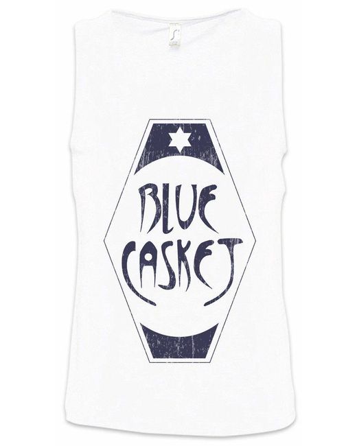 Urban Backwoods Tanktop Blue Casket Ärmelloses T-Shirt Grim Logo Symbol Sign Fandango Game Games Gaming Bar Diner in White für Herren