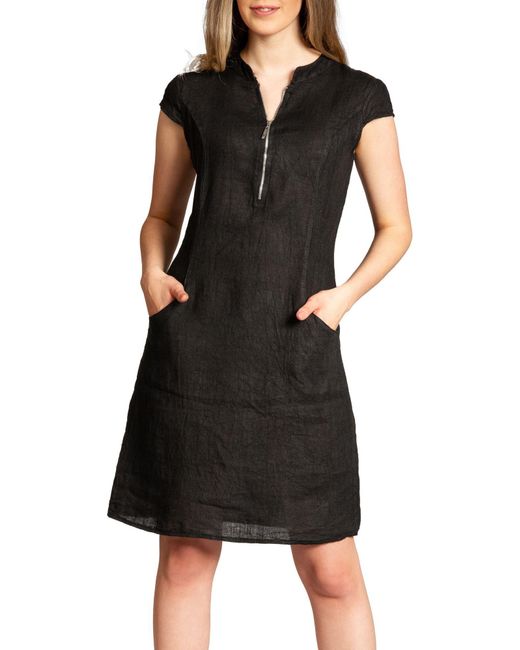 Caspar Black Sommerkleid SKL040 knielanges Sommer Leinenkleid mit Reißverschluss Ausschnitt