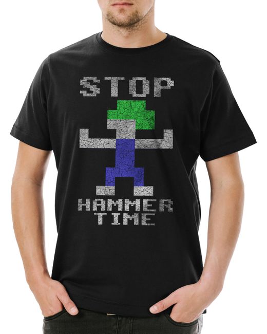Urban Backwoods Print- Lemmings Hammer Time T-Shirt Lemminge Video Kult Computer Game in Black für Herren