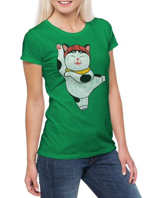 Urban Backwoods Green Print- I T-Shirt Cat Katze Winkekatze Maneki-Neko