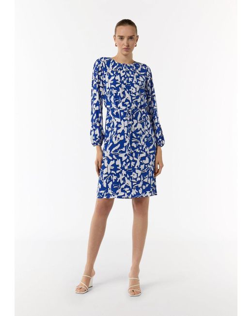 Comma, Blue Minikleid Midikleid (1-tlg) Loose Fit, langarm, Muster, Print, Bindegürtel