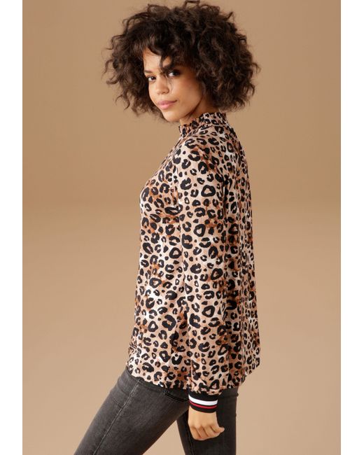 Aniston CASUAL Brown Langarmshirt mit trendigem Animal-Print und gestreiften Bündchen
