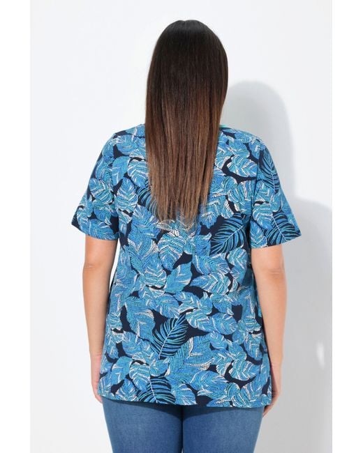 Ulla Popken Blue T-Shirt Blätter A-Linie V-Ausschnitt