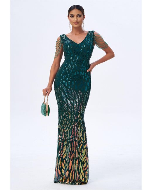 Moda Minx Green Jerseykleid Rosie long Sequin mit raffinierten Details an den Schultern