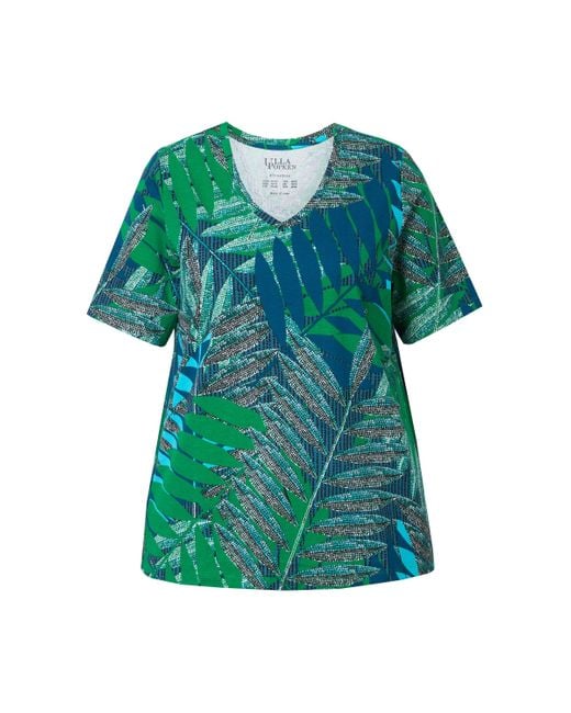 Ulla Popken Green Longshirt T-Shirt Palmen A-Linie V-Ausschnitt Halbarm