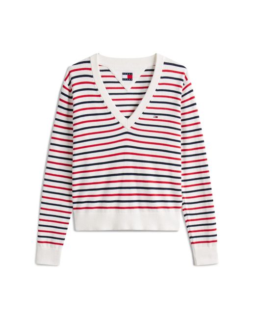 Tommy Hilfiger White V-Ausschnitt-Pullover TJW ESSENTIAL VNECK SWEATER EXT mit Logostickerei